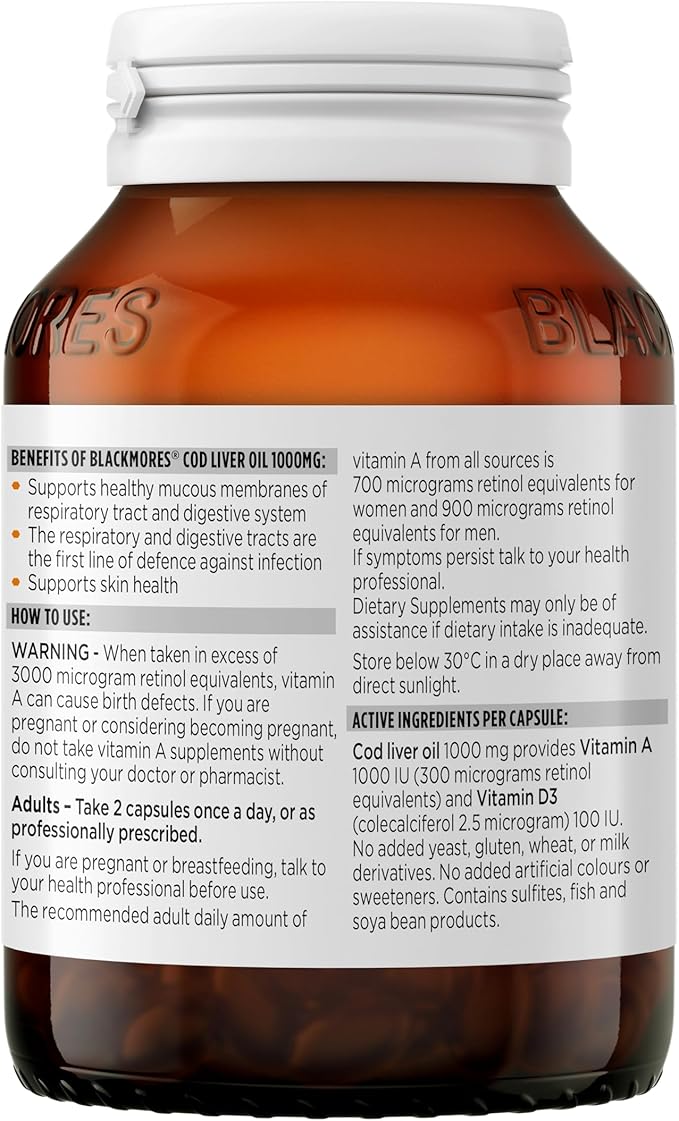 Blackmores Cod Liver Oil 1000 mg 80 Capsules Vitamin A + Vitamin D + Omega-3 Made in Australia