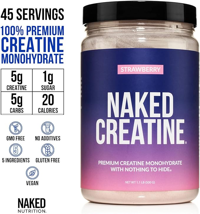 NAKED Creatine - Strawberry Flavored Creatine Monohydrate - Real Strawberry Powder No Additives Muscle Growth Vegan Non-GMO Gluten Free Soy Free - 45 Servings