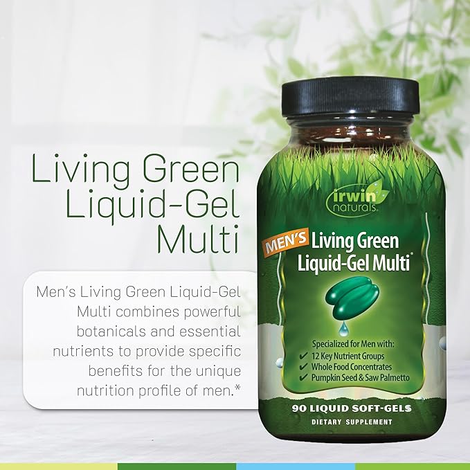 Irwin Naturals Men's Living Green Liquid-Gel Multi - 70 Essential Nutrients Full-Spectrum Vitamin Supplements for Men Wholefood Blend - Promotes Brain &amp Adrenal Support - 90 Liquid Soft-Gels