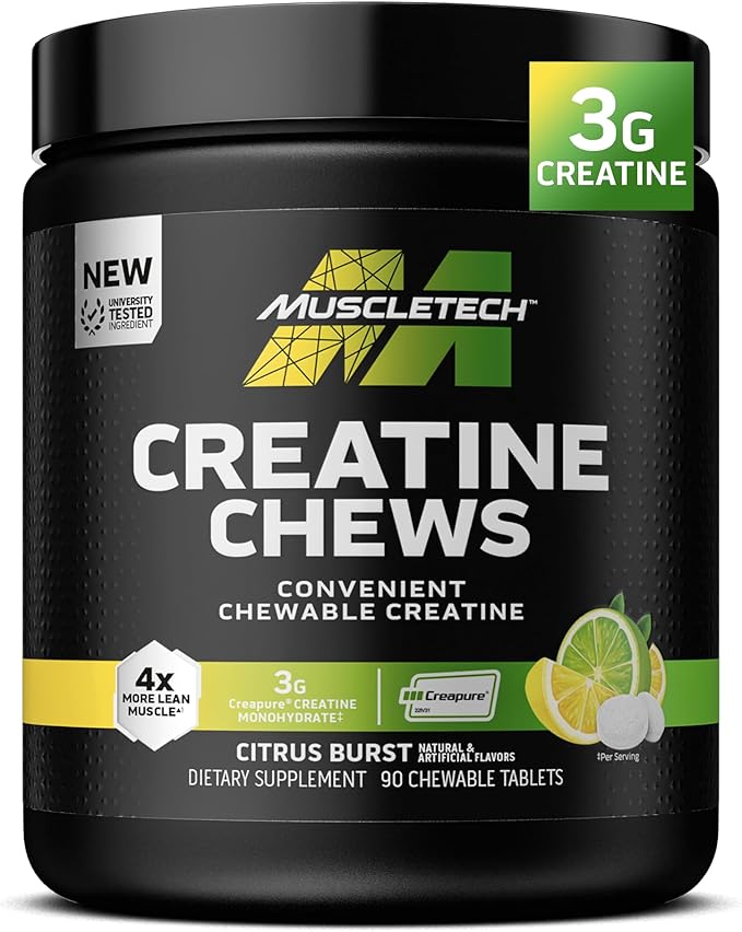 MuscleTech | Creatine Chews | Creapure Monohydrate Supplement for Muscle Recovery Muscle Builder &amp Energy Boost | Pre Workout Supplement for Men &amp Women | Citrus Birst | 90 chewable Tablets