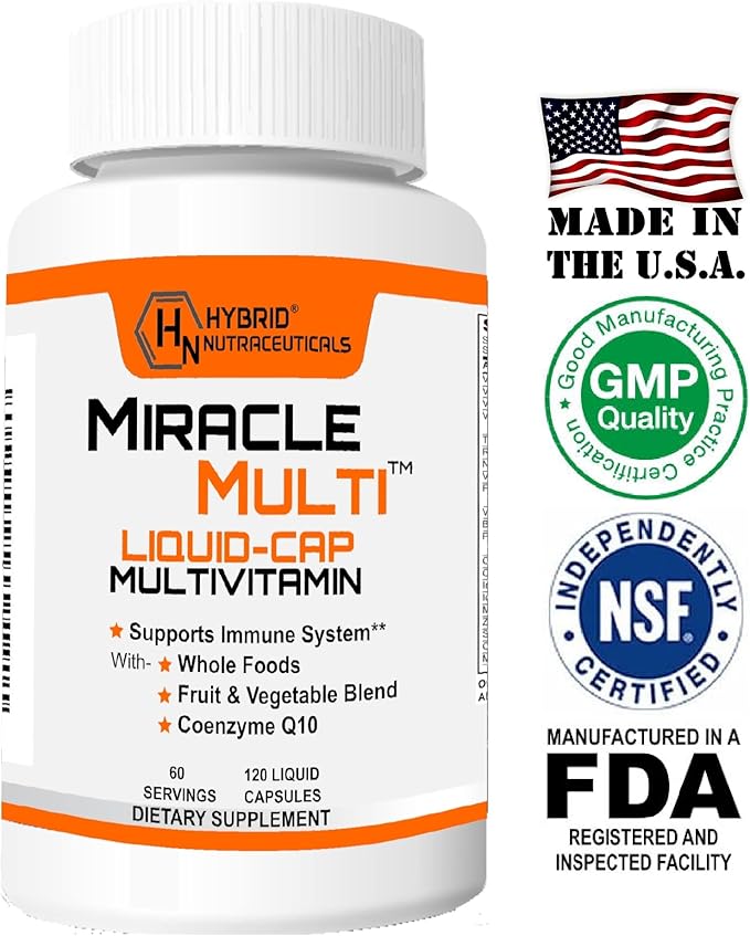 MiracleMulti Liquid Multivitamin Capsules for Men &amp Women - Complete Whole Food Blend Daily Vitamin &amp Mineral Supplement with CoQ10 B12 42 Superfood Enzyme - 120 Softgels