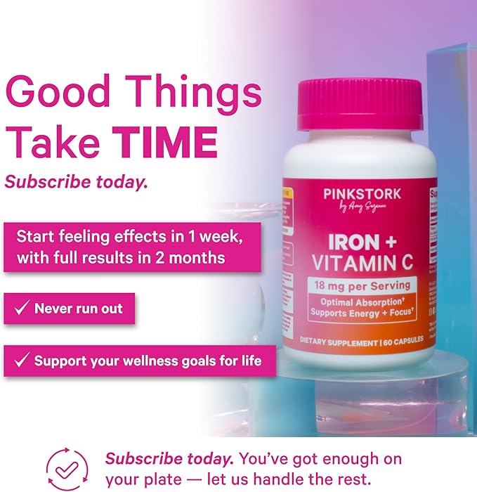 Pink Stork Iron for Women 18 mg Non-Constipating Iron Bisglycinate + Vitamin C for Optimal Absorption Energy Focus &amp Oxygen Support PMS Pregnancy Postpartum &amp Perimenopause 60 Capsules