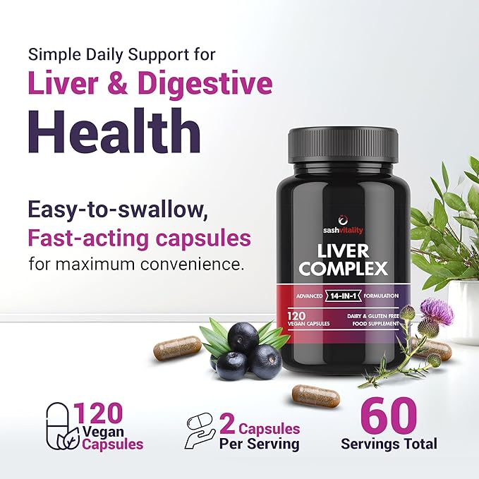 Liver Support Capsules High Strength - 13 Essential Natural Ingredients for Healthy Liver Function - Premium Liver Supplement - 120 Vegan Liver Pro Care Tablets - 8 Weeks Usage - UK Made Sash Vitality