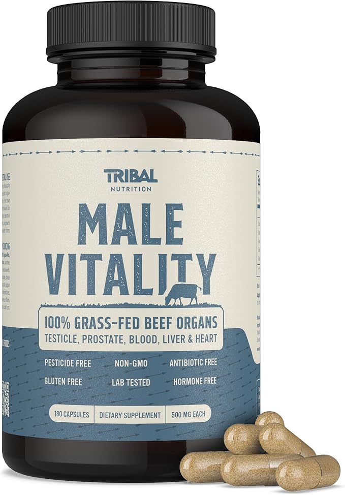 100% Grass Fed Beef Testicle with Prostate Blood Liver &amp Heart - Beef Organ Supplement for Men - 3000mg / 30 Servings
