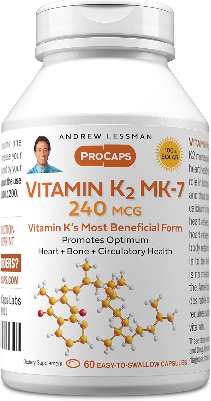 ANDREW LESSMAN Vitamin K2 MK7 240 mcg 60 Softgels - Essential for Healthy Calcium Utilization Promotes Optimum Skeletal Heart and Arterial Health. No Additives. Small Easy to Swallow Softgels
