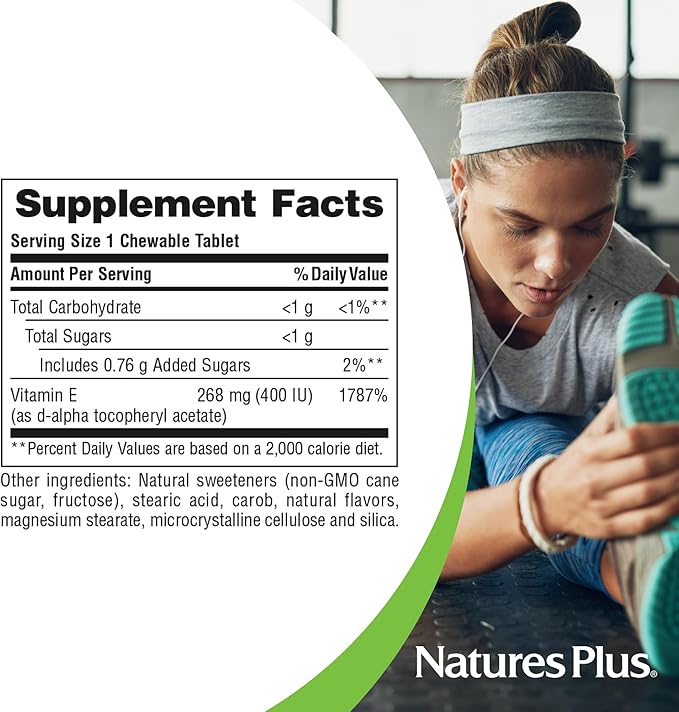 NaturesPlus Vitamin E Natural Carob Flavor - 90 Chewable Tablets Pack of 2 - Free-Radical Defense &amp Overall Well-Being - Vegetarian Gluten Free - 180 Total Servings