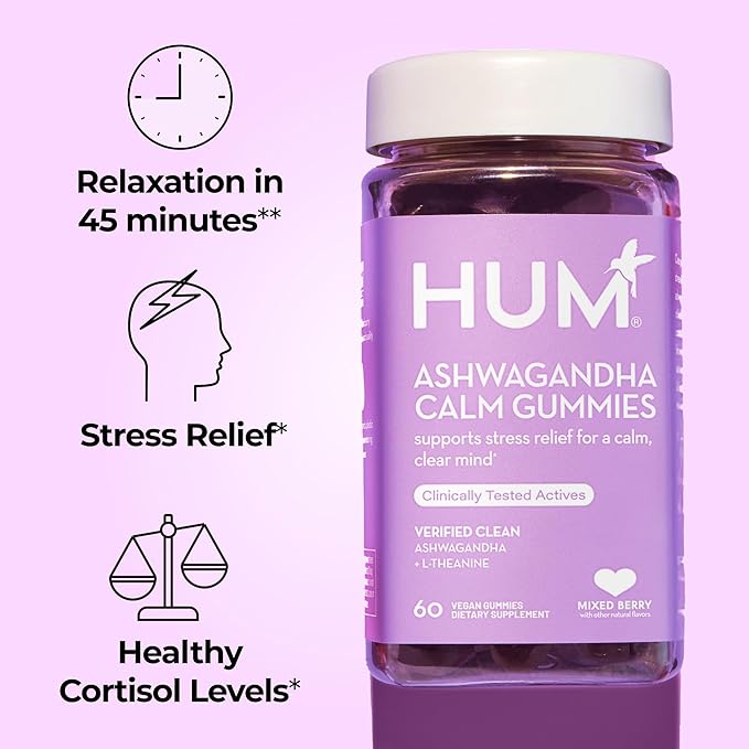 HUM Calm Ashwagandha Gummies for Women and Men L-Theanine Ashwagandha Supplements for Daily Relaxation &amp Clarity Support Vegan Fast Acting Gummy Formula Mixed Berry Flavor 60 Gummies