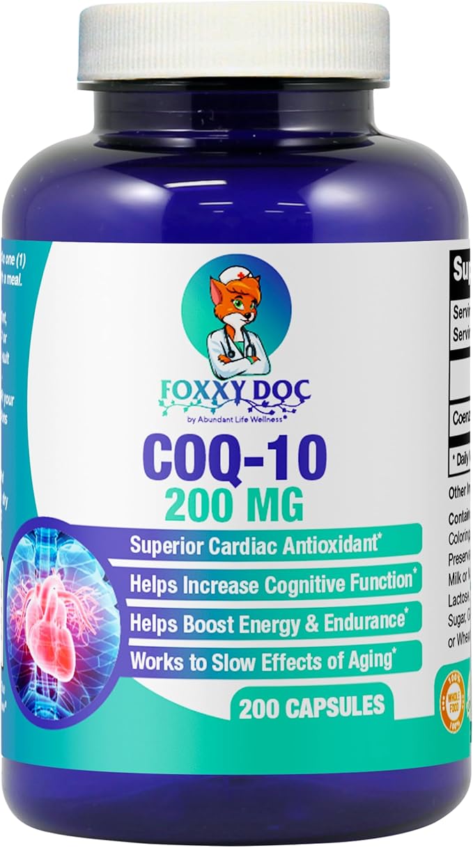 CoQ10 - Co-Enzyme Q10-200 mg -High Absorption - 400 mg per 2 caps - Non-GMO - Gluten Free - 200 Veg. Caps - Heart &amp Cellular Support - Made in USA by Foxxy Doc