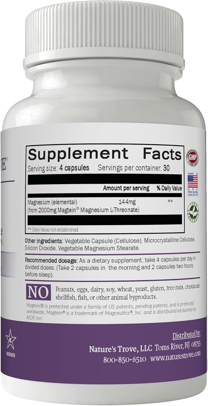 Magtein Magnesium L-Threonate Supplement – 2000 Mg L-Threonate Magnesium Supplement for Sleep Calm Memory &amp Brain Fog – Non-GMO Magtein – 120 Vegetarian Capsules by Nature's Trove