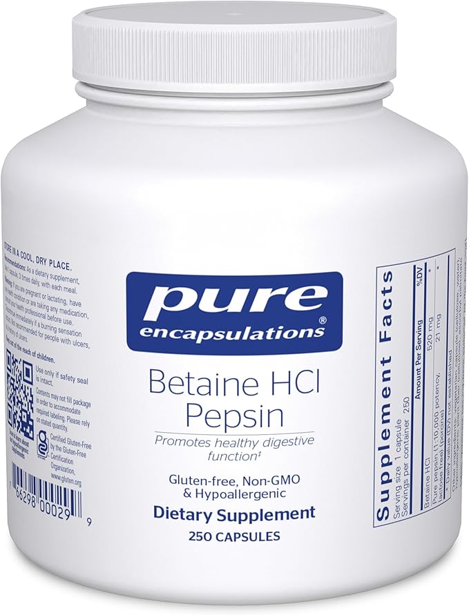Pure Encapsulations Betaine HCl Pepsin - Digestive Enzymes Supplement for Digestion Aid &amp Support Stomach Acid &amp Nutrient Absorption* - with Betaine HCl Pepsin - 250 Capsules