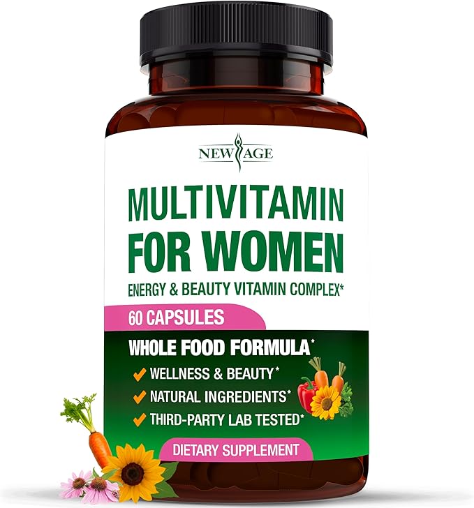 NEW AGE Multivitamin for Women - B-Complex Whole Foods Hair Support Iron - All in1 Womens Multivitamin - Bioavailable &amp Gentle on Stomach - Made in USA - 60 Count
