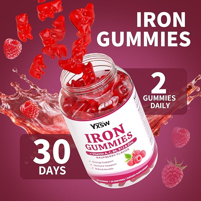 Iron Gummies for Women &amp Men Vegan Iron Supplement Gummies with Vitamin C A B-Complex Folate Zinc- for Immune Health &amp Energy Support Raspberry Flavor 120 Count