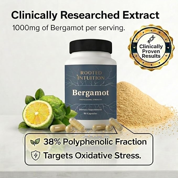 Rooted Citrus Bergamot Supplement - Extract Capsules for Cholesterol TC Cardiovascular LDL HDL TRI &amp Heart Health Support - Polyphenol Citrus Bergamonte for Circulation &amp CoQ10 Energy - 1000m