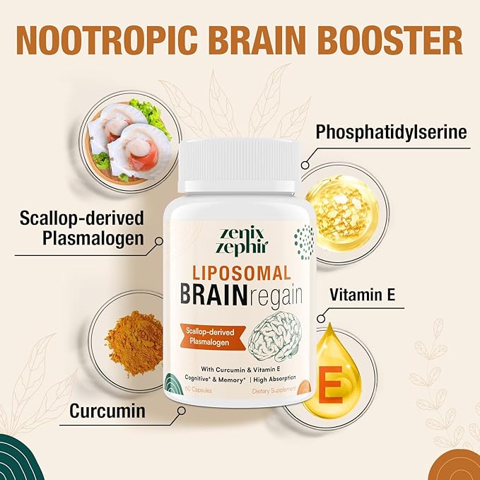 Liposomal Brain Supplements for Memory and Focus - Plasmalogen with Curcumin &amp Vitamin E for Better Absorption- Suitable for SeniorsAdult Men &amp Women Cognitive HealthHigh Potency 60 Servings