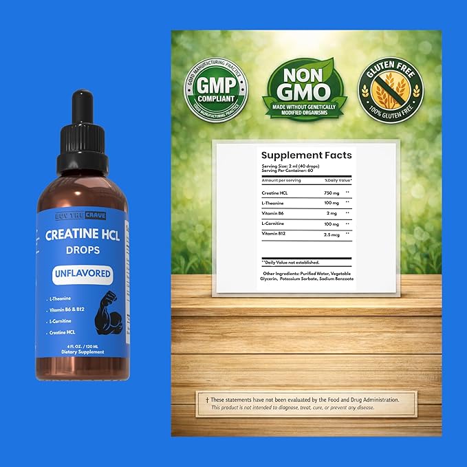 Creatine HCL Liquid Drops for Men &amp Women - 2ml Per Serving L-Theanine Vitamin B12 &amp B6 L-Carnitine - High Absorption 4 Fl Oz (120ml) (4 FL OZ Unflavored)