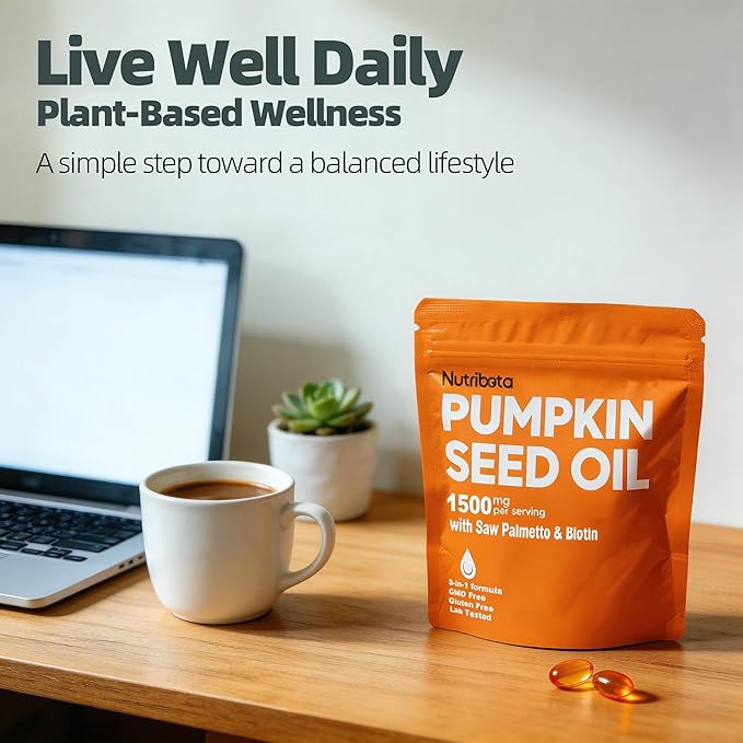 Pumpkin Seed Oil Supplement 1500 mg per Serving with Saw Palmetto &amp Biotin Advanced 3-in-1 Plant-Based Men’s Wellness &amp Hair Nutrition Formula Non-GMO Gluten Free Lab Tested Softgels