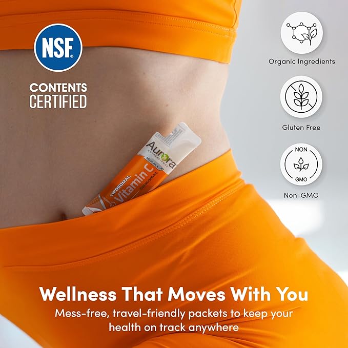 Vida Lifescience Aurora Nutrascience Mega-Pack Liposomal Vitamin C Immune Support 3000 mg per Serving Vegan Gluten Free Non-GMO 32 Single Serve Packets Orange