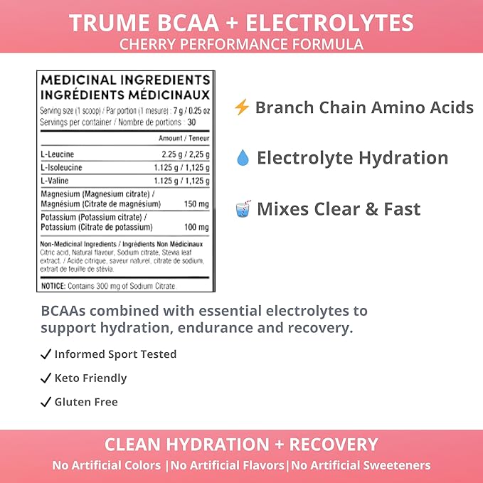 TruMe Whole Health Cherry BCAA Powder with Electrolytes Amino Acids for Muscle Recovery &amp Endurance Sugar Free Intra Workout Hydration Drink Informed-Sport Certified Made in Canada