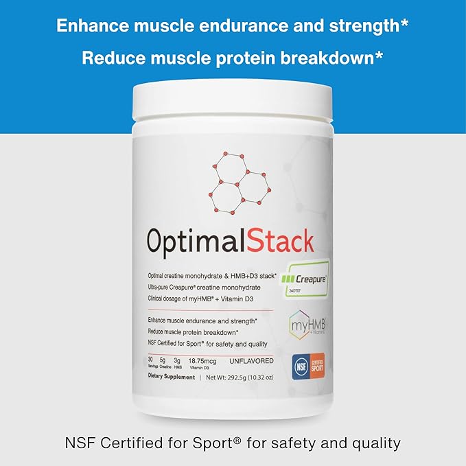 OptimalStack Creatine Monohydrate HMB &amp Vitamin D3 Stack | with Creapure Creatine Clinical Dosage of myHMB and Vitamin D3 | NSF for Sport Certified | Unflavored 30 Servings