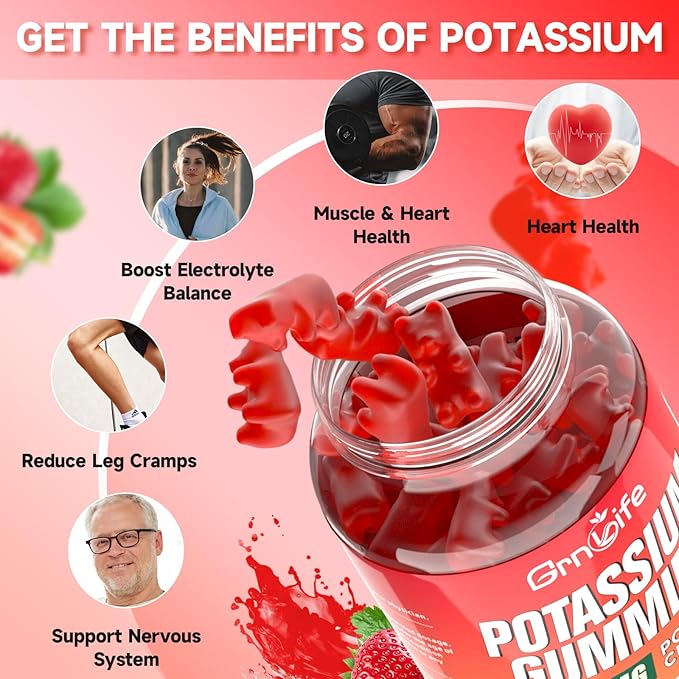 2 Pack Potassium Gummies for Adults Potassium Chloride Gummies 1200mg Support Leg Cramps &amp Electrolyte Balance Strawberry Flavor 120 Count