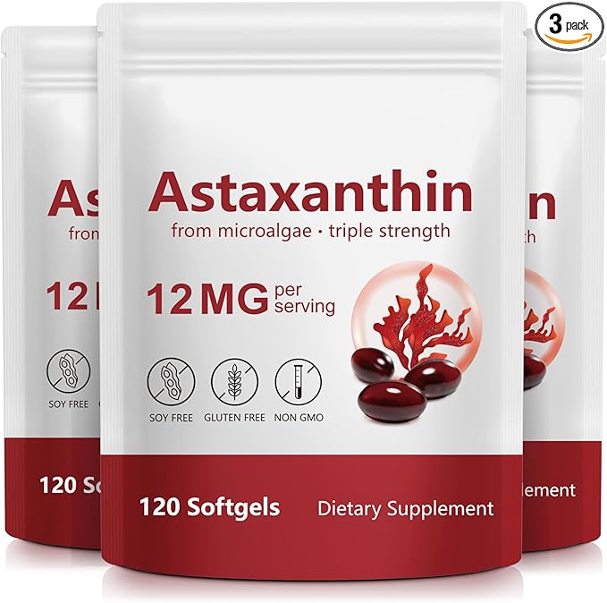 Xaarty 3Pack Premium Astaxanthin 12mg Natural Antioxidant Supplement for Eye Joint Skin HealthMicroalgae Source 4 Month Supply | Supports Internal Circulation 360 Softgels