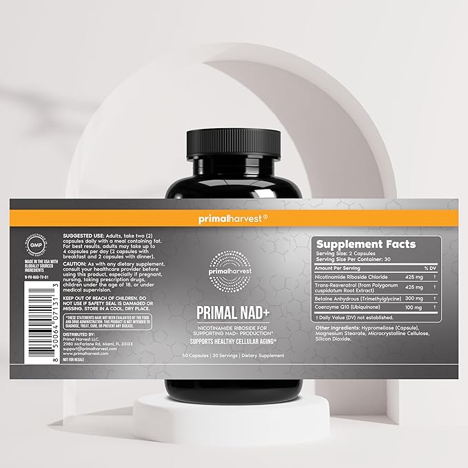 Primal Harvest NAD+ Supplement: Nicotinamide Riboside Trans-Resveratrol Betaine CoQ10 NAD Supplements for Cellular Health Energy and Mitochondrial Support