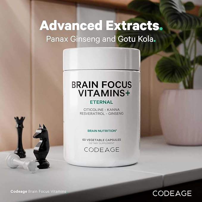 Codeage Brain Focus Vitamins+ Nootropic Supplement with Citicoline as Cognizin Panax Ginseng Resveratrol Gotu Kola Vitamin B12 Methylcobalamin - Liposomal Delivery - Non-GMO - 60 Capsules