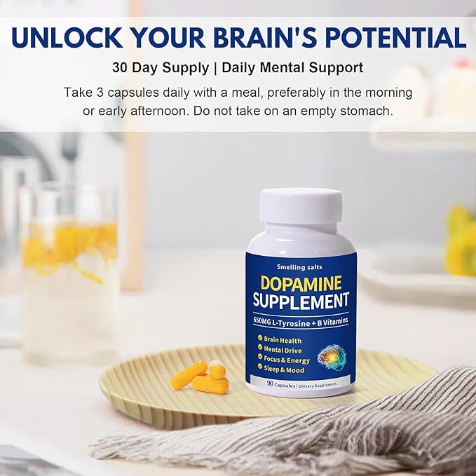 Dopamine Supplement – Supports Mood Focus Sleep &amp Motivation – 650mg L-Tyrosine &amp B Vitamins – Dopamine Booster for Adults – 90 Capsules