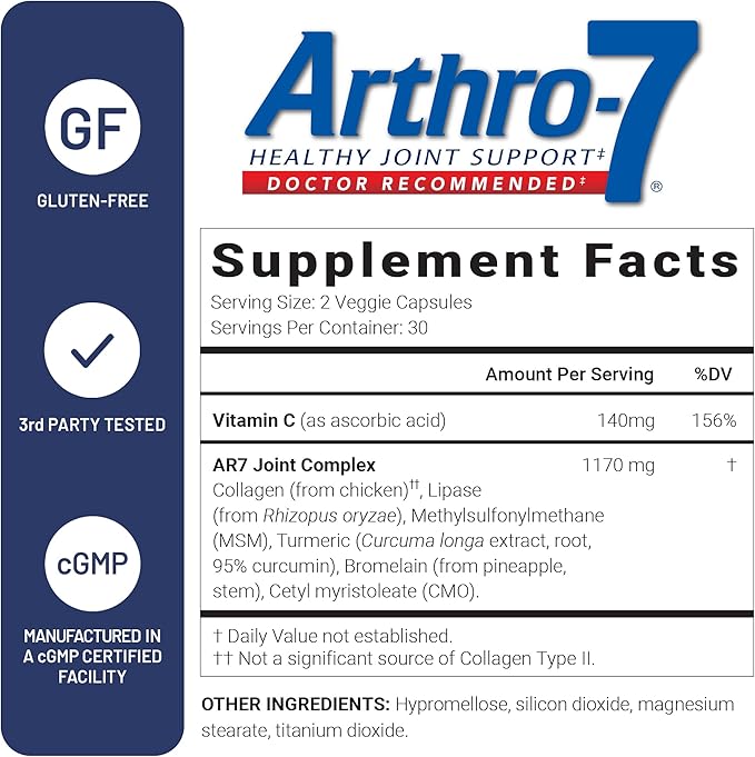 U.S. Doctors’ Clinical Arthro-7 - Clinically Proven Joint Support Complex with Turmeric Collagen Bromelain for Flexibility Mobility &amp Strong Cartilage - 180 Capsules(3 Bottles) - 45/90-Day Sup