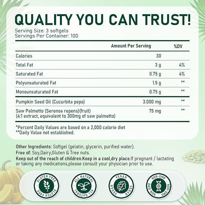 Pumpkin Seed Oil with Saw Palmetto Cold-Pressed 300 Softgels Hair Growth Radiant Skin Urinary &amp Prostate | Rich in Fatty Acids &amp Phytosterols | Pure &amp Natural Non-GMO