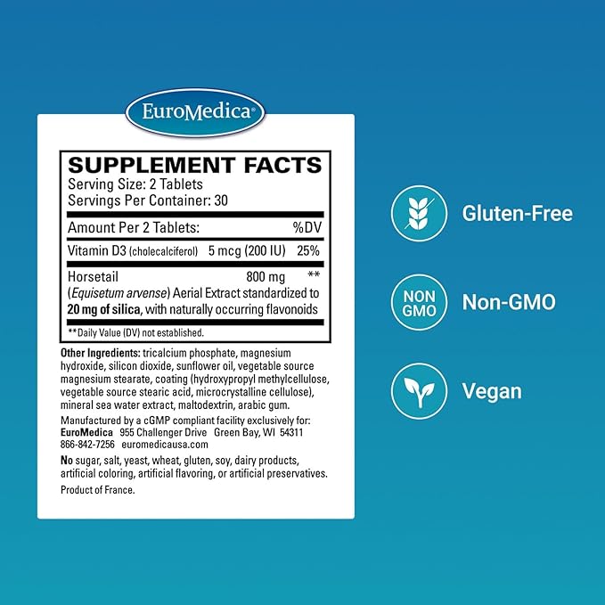 EuroMedica Silica-20 - Supplement Supports Bone Structure &amp Collagen Production - Strong Teeth &amp Healthy Bone Density Support - Aids Hair Skin &amp Nails Health - 60 Tablets (30 Servings)