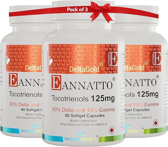 WELLNESS EXTRACT Eannatto Tocotrienols Vitamin E Supplements Tocopherol Free Non-GMO Gluten Free &amp Antioxidant125MG 60 Softgels (Pack of 3)