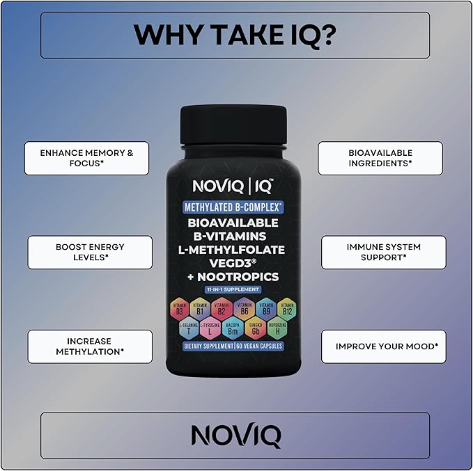 11-in-1 Methylated B-Complex Supplement: 680mcg L-Methylfolate(5-MTHF) Thiamine(B1) Riboflavin(B2) Pyridoxal(B6) Methylcobalamin(B12) - VegD3® + Nootropics - 1100mg+ Serving - 60 Count