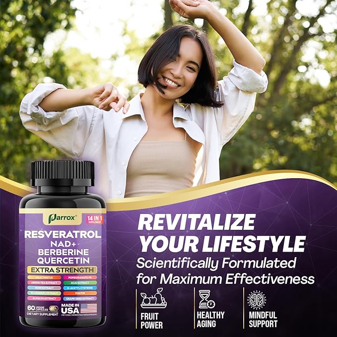 Resveratrol Supplement with Milk Thistle NAD Berberine Quercetin Fisetin Pomegranate Green Tea Noni Acai Blueberry Grape Seed Extracts N-Acetyl Cysteine 14-in-1 Extra Strength (60 Caps)