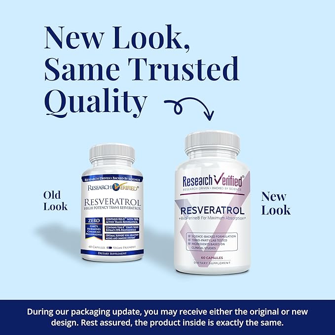 Research Verified Resveratrol - 98% Trans-Resveratrol 1000 mg Anti-Aging Support - 1 Bottle - 60 Capsules