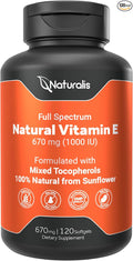 Naturalis Sunflower Vitamin E 670mg (1000 IU) with Mixed Tocopherols | Essential Skin Vitamin &amp Immune Support | Non-GMO Soy &amp Gluten Free | 120 Softgels