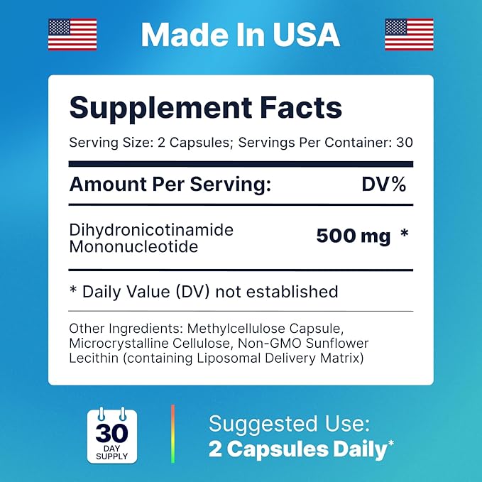 Liposomal NMNH (Dihydronicotinamide Mononucleotide) 500mg - NR Supplement Alternative - Anti Aging NAD Supplement to Boost NAD Plus Levels Energy Focus - High Purity 60 capsules (2 packs)