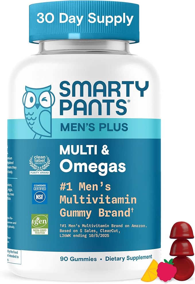 SmartyPants Men's Multivitamin Gummies with Omega 3 DHA/EPA Methylfolate Vitamin D3 C B12 B6 A K Zinc Raspberry Lemonade Flavor 90 Count (30 Day Supply)