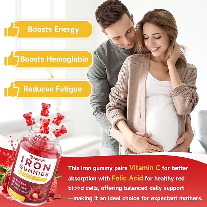 Vegan Iron Gummies for Women &amp Men Iron Supplement with B-Complex Vitamin C A Folate for Adults &amp Kids - Blood Builder &amp Energy Support &amp Immune Health - Strawberry Flavor 120 Gum