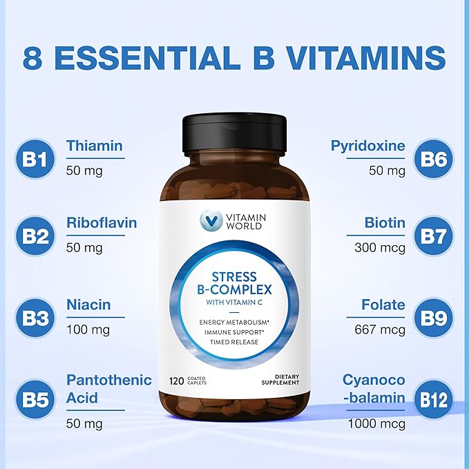 Vitamin World Stress Vitamin B Complex with Vitamin C Timed Release High-Potency Vitamin B6 B12 Niacin Folate &amp Biotin for Stress Energy Metabolism &amp Immune Support Non-GMO 120 Caplets