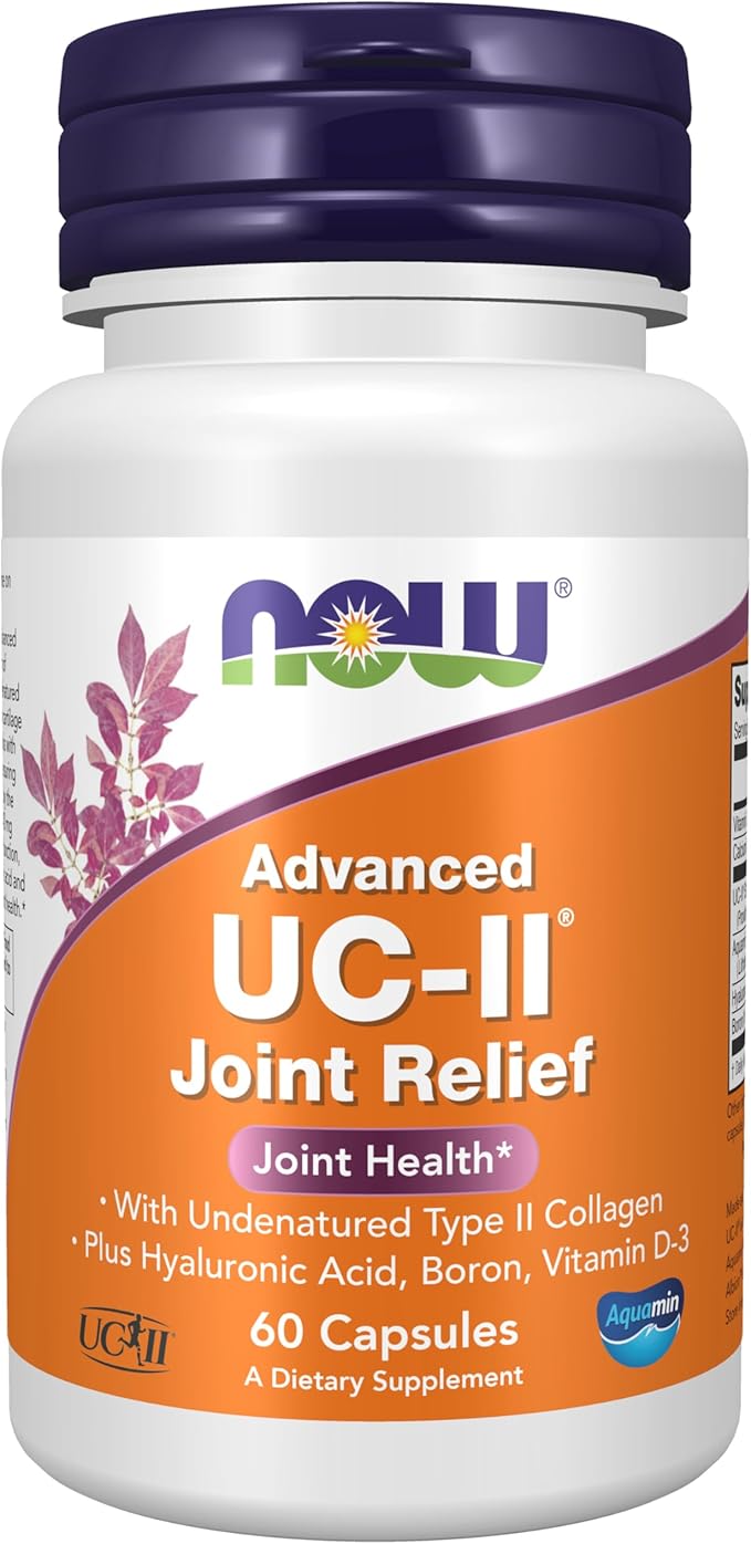 NOW Supplements UC-II Advanced Joint Relief with Undenatured Type II Collagen plus Hyaluronic Acid Boron Vitamin D-3 60 Veg Capsules