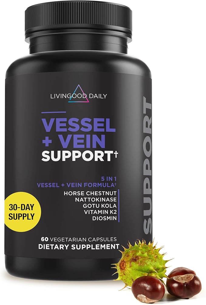 Livingood Daily Vessel &amp Vein Support Circulation &amp Vein Support Supplement with Diosmin Horse Chestnut Nattokinase Gotu Kola &amp Vitamin K2 Vascular &amp Vein Health Formula Gluten F
