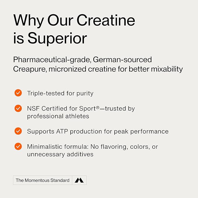 Momentous Creatine Lemon Monohydrate Powder - Creatine Powder - Supports Strength Lean Muscle &amp Recovery for Men &amp Women - NSF Certified for Sport - 6.49 g per Serving - 15 Servings