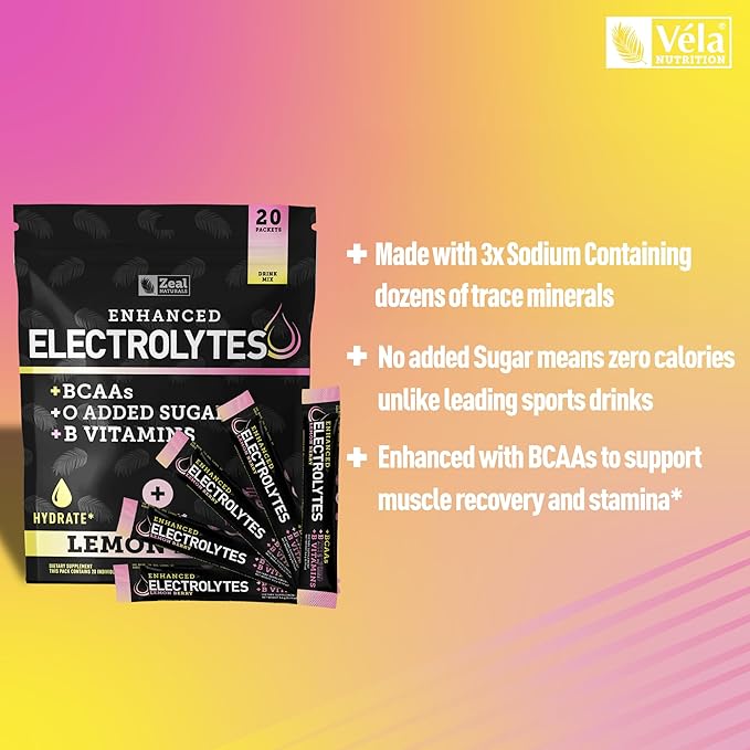 Enhanced Electrolyte Powder Stick Packs (Lemon Berry | 20 Packets) w/ 0 Sugar +BCAAs +B-Vitamins Electrolyte Supplement w Potassium Zinc &amp Magnesium for Hydration - Keto Electrolytes