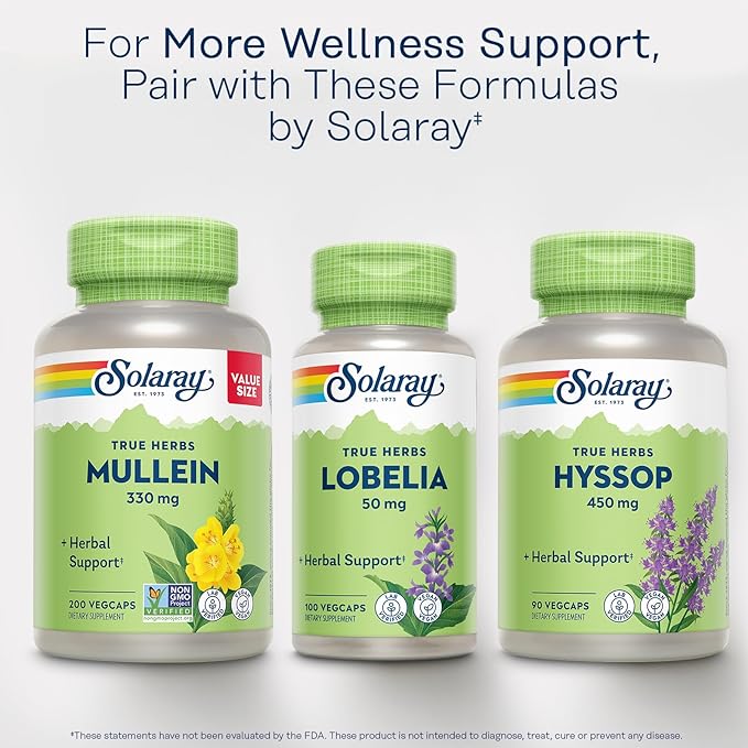 SOLARAY Mullein Leaf 330 mg - Soothing Herbal Support - Mullein Capsules Traditionally Used to Support Health and Wellness - Vegan Non-GMO Lab Verified 60-Day Guarantee 200 Servings 200 VegCaps