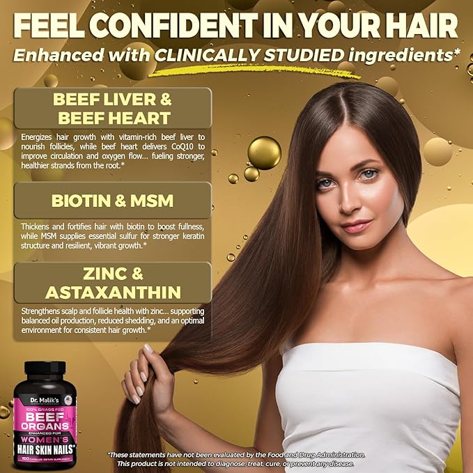 Primal Beef Organ Supplement for Women + 8 Hair Growth Vitamins Queen Blend for Hair Skin and Nails Biotin (10000mcg) Collagen Peptides Beef Liver MD Formulated 4 Beef Organs for Women 150 Caps