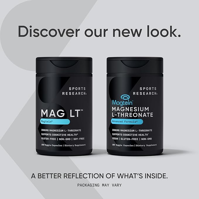 Sports Research® Magnesium L-Threonate Capsules 2000mg - High-Absorption Magtein® for Enhanced Brain Health Memory Focus &amp Restful Sleep Support - Vegan · Non-GMO · Gluten Free - 90 Count