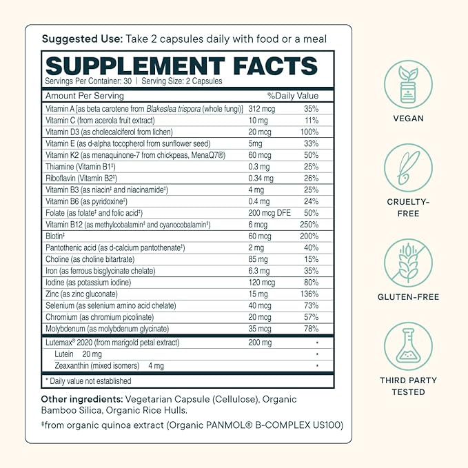 Ora Organic Plant Based Multivitamin for Women and Men Bluelight Protection - Brain Eye Energy Immune Skin Hair Heart and Bone Health Support 60 Vegan Capsules (Pack of 3)