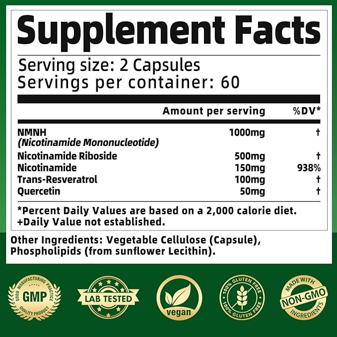 NMNH Supplement 1000mg - Nicotinamide Mononucleotide Alternative Boost NAD+ with Liposomal Resveratrol &amp Nicotinamide Riboside NR for Healthy Cellular Aging Energy 120 Vegan Non-GMO Capsules