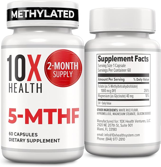 10X Health 5-MTHF Methylfolate - Methylated Folate &amp Magnesium for Brain Heart Health DNA &amp Neurotransmitter Synthesis - Bioavailable Methyl Folate Supplement - Methylfolate Supplement 60 Ca